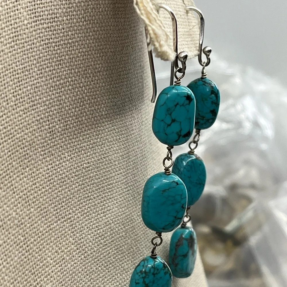 Sally C Treasures SX Sterling Silver Turquoise Dangle Earrings 925 Estate - Picture 12 of 17